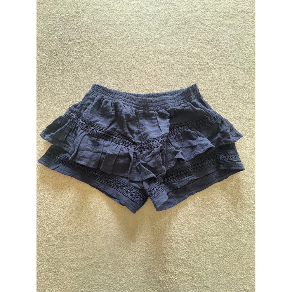 Meet Me There Navy Blue Cotton Ruffle Crochet Lace Trim Shorts Womens Size M/L
